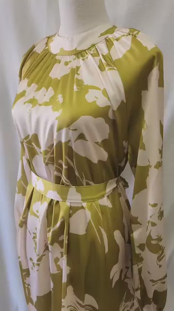 Green Patterned Very Elegant Satin Belted Dress